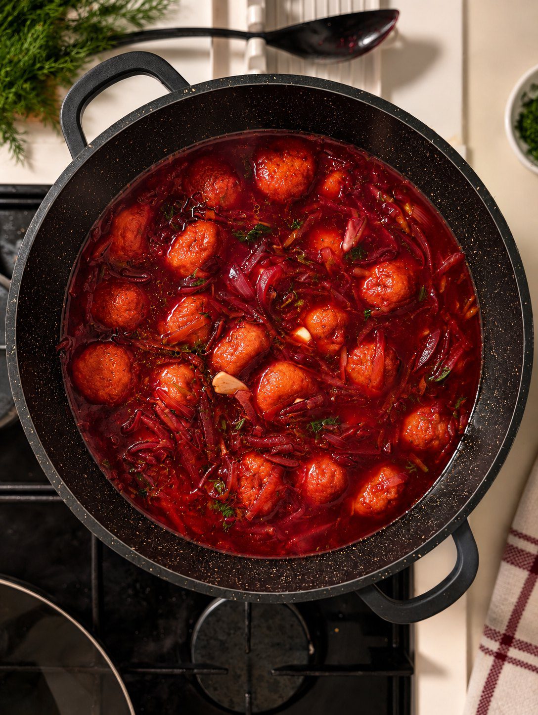 Overhead view of a black pot of deep red beet soup filled with round kubbeh dumplings, shredded beet and chopped green herbs