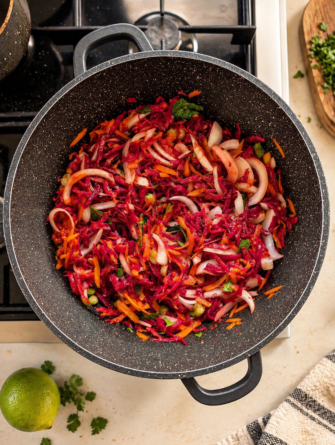 Shredded beet, carrot and onion strips cooking together in a large black pot on the stove