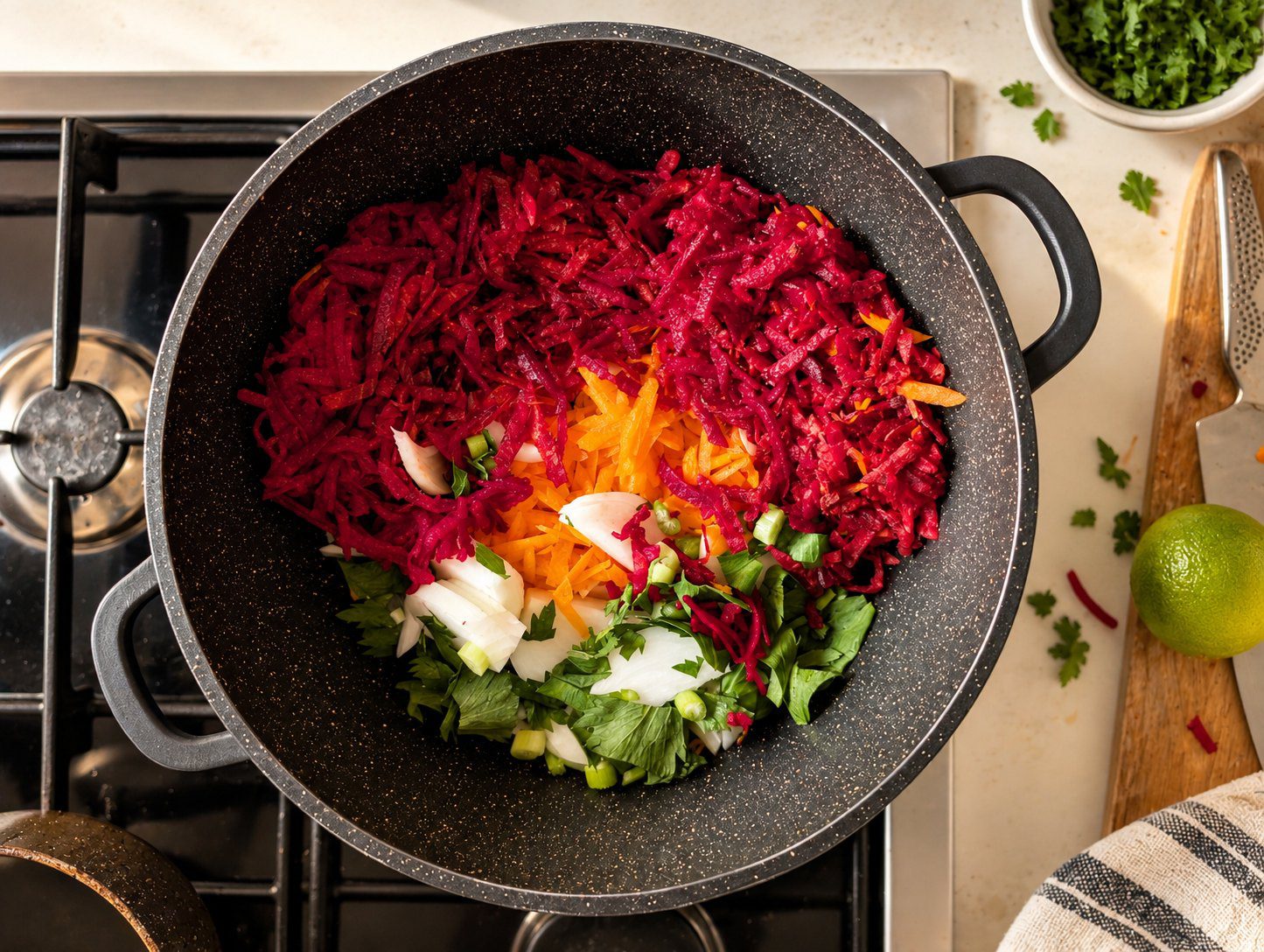 Shredded raw beet and carrot piled in a black pot with sliced onion, chopped celery and green leaves