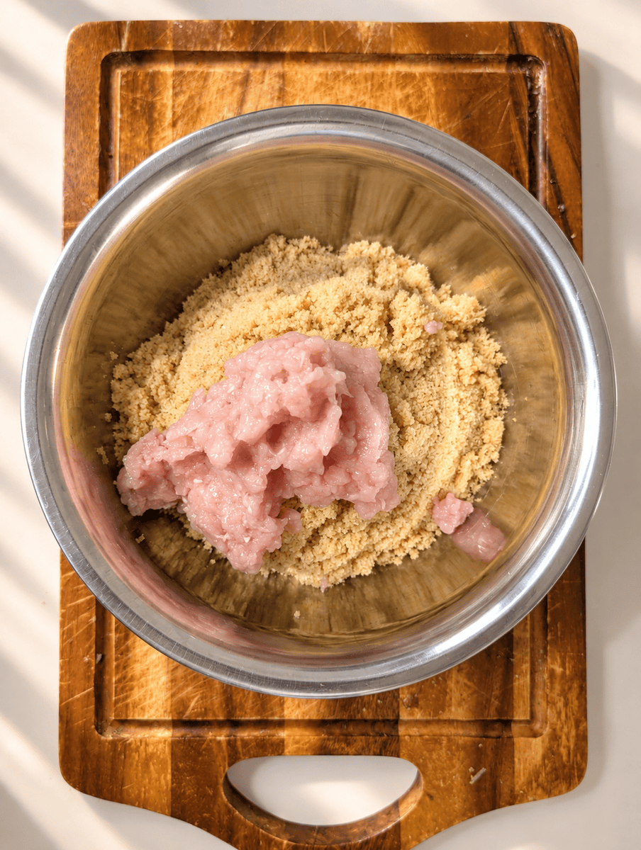 Raw ground chicken breast added on top of soaked thin bulgur in a steel mixing bowl