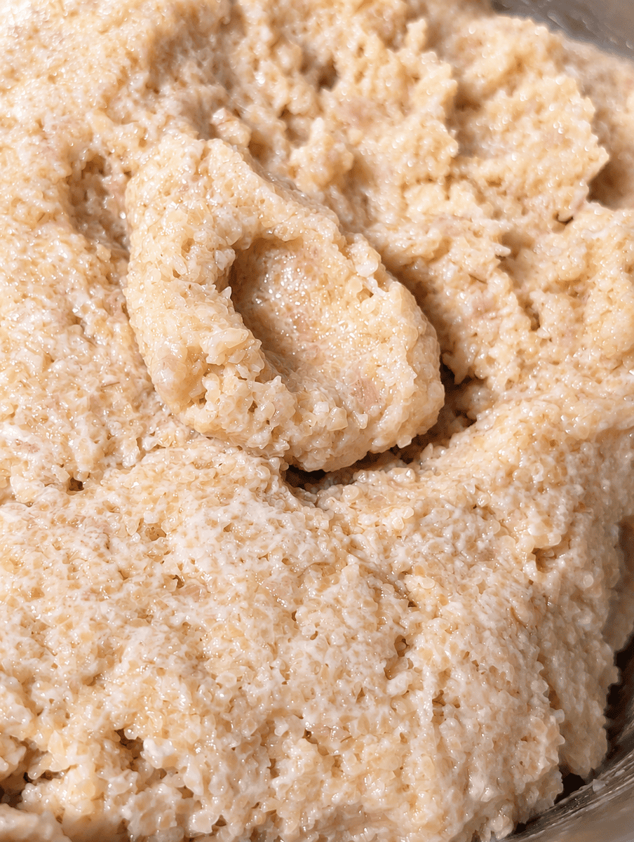 Close up of finished kibbeh shell dough showing hydrated bulgur grains bound with pale flecks of ground chicken