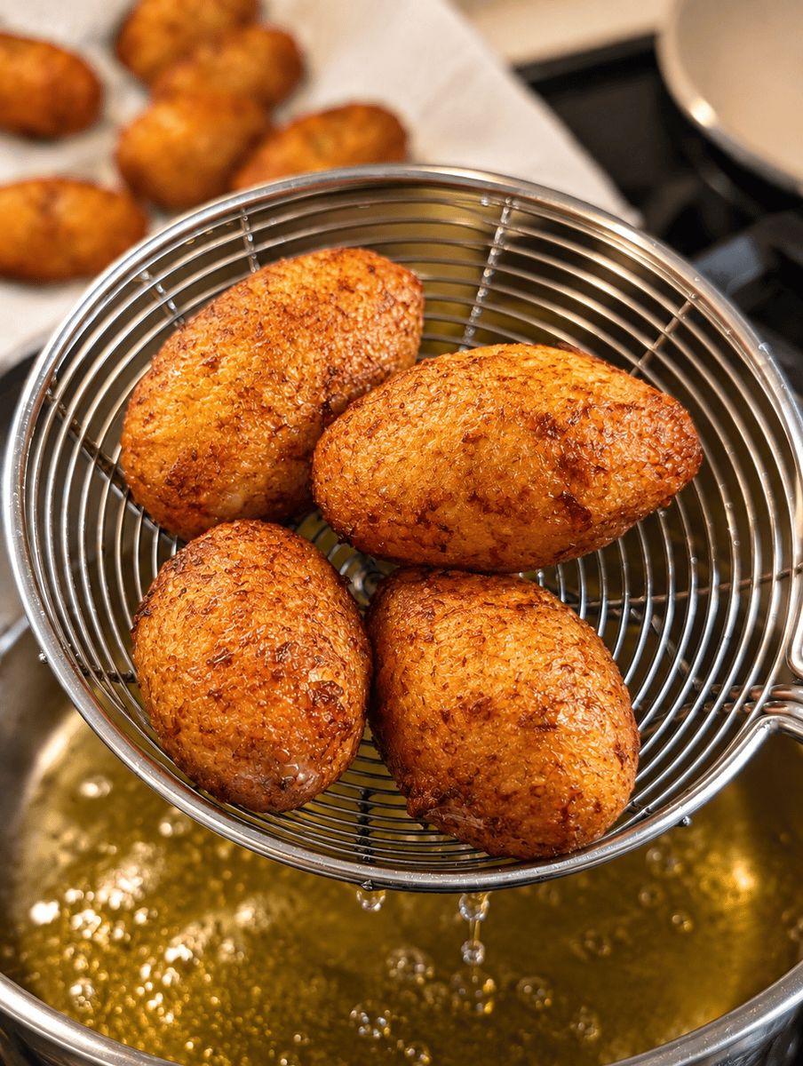 Four fried kibbeh lifted from hot oil in a wire spider strainer, deep golden brown and draining