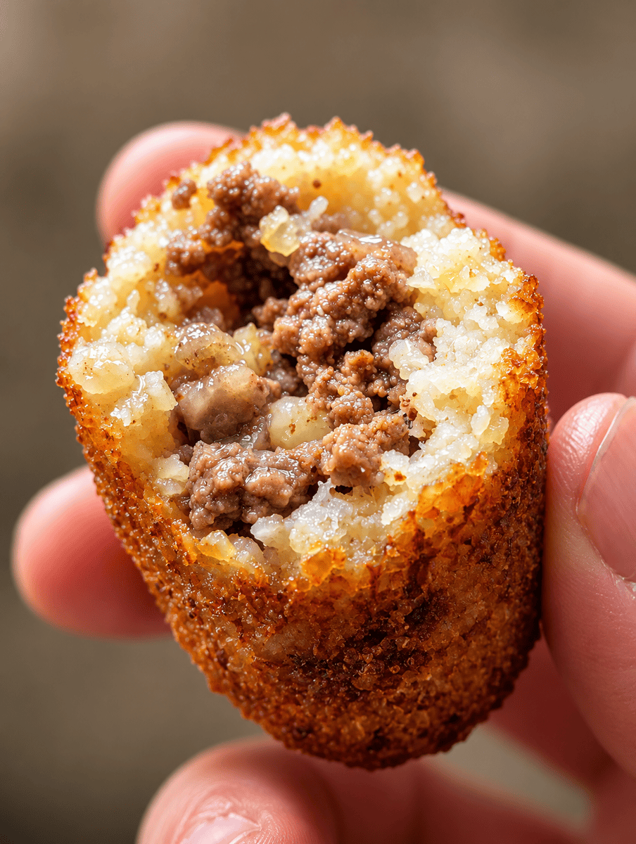 Fried kibbeh recipe cross section held in hand, showing the crisp golden bulgur shell and the spiced ground beef and pine nut filling inside