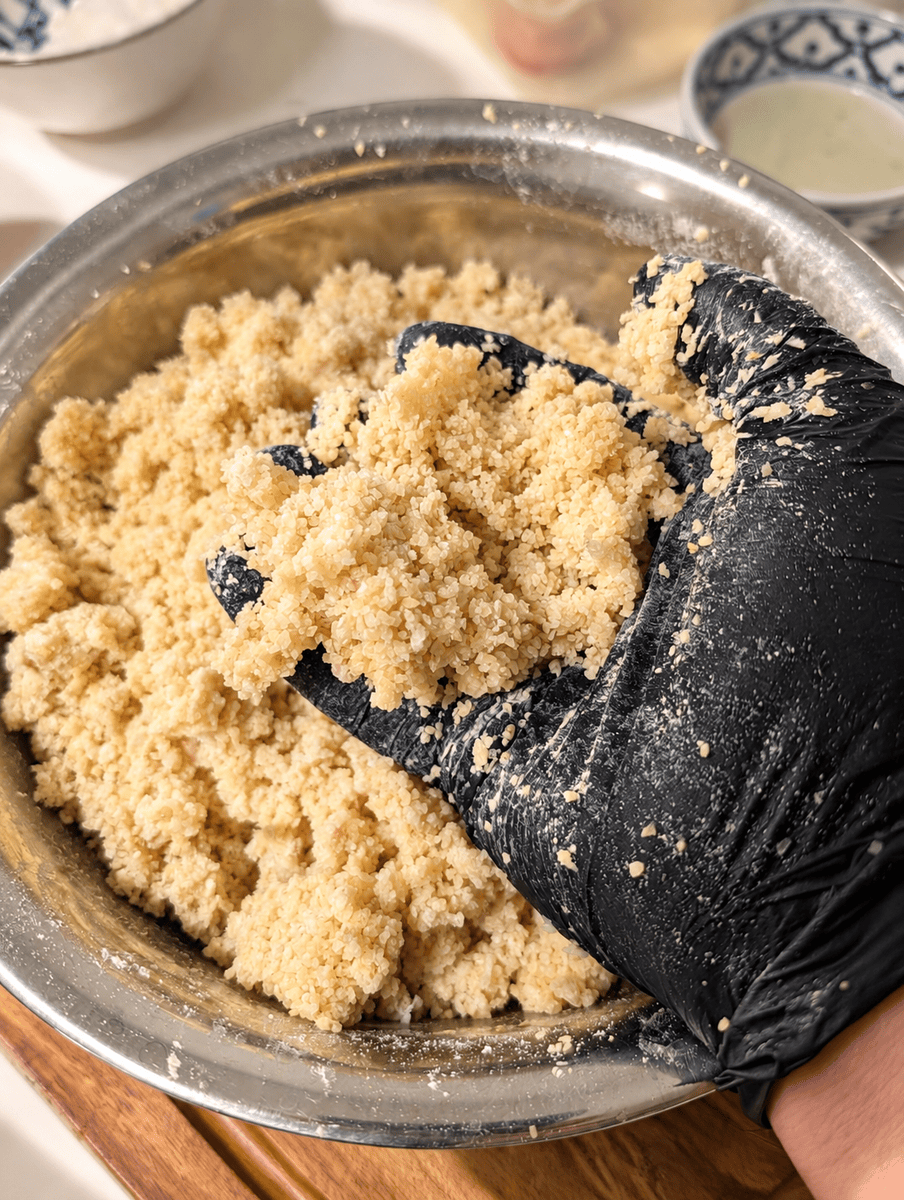 Gloved hand mixing ground chicken into soaked bulgur in a steel bowl until it starts to clump together