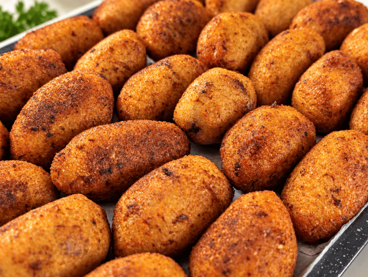 Tray of finished fried kibbeh piled together, deep golden brown torpedo shapes with crisp textured shells