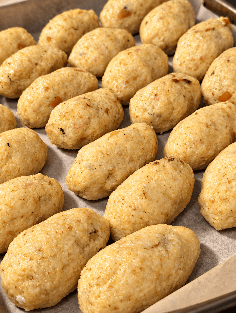 Tray of raw shaped kibbeh torpedoes lined up on parchment paper before frying