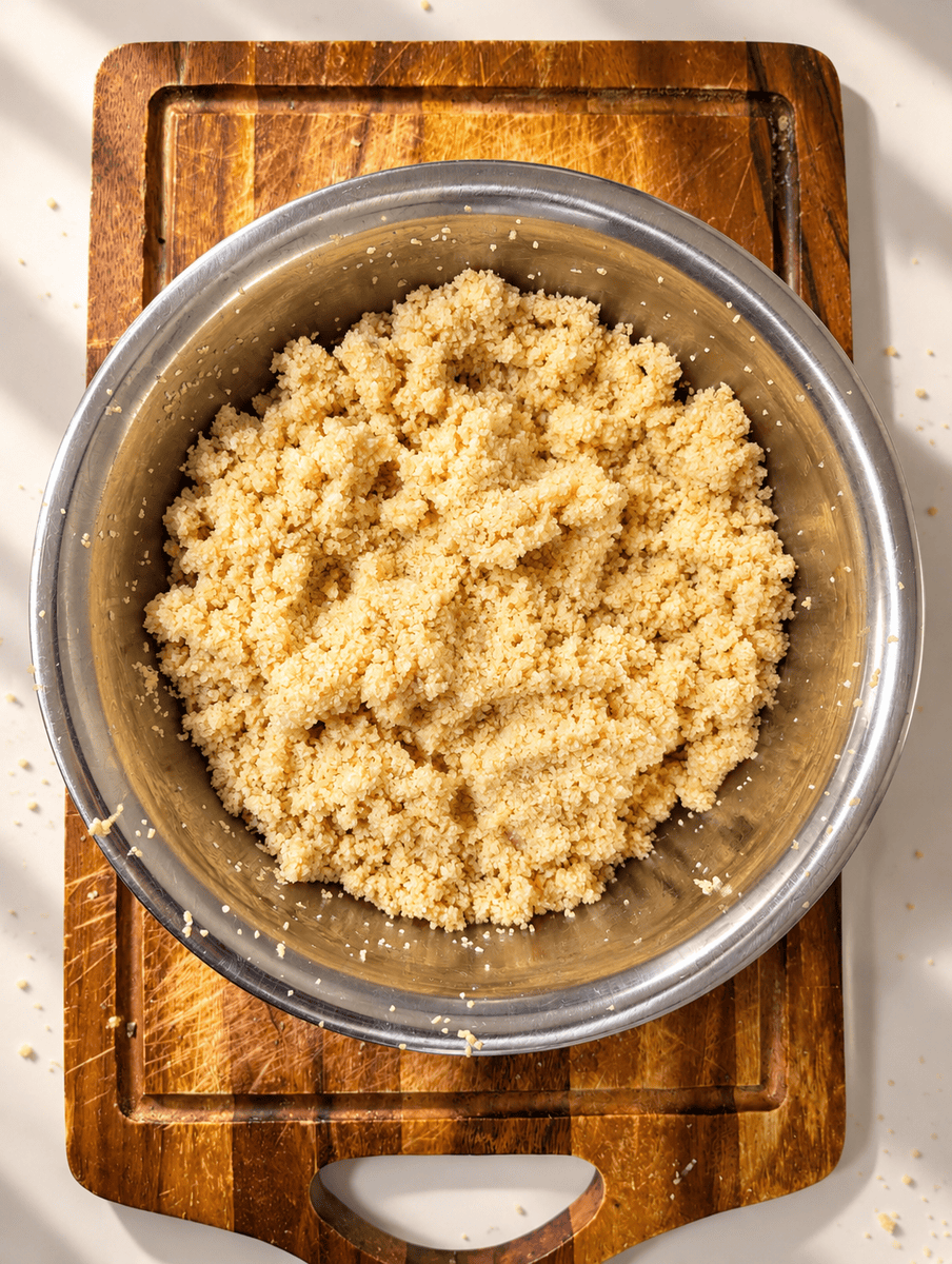 Thin bulgur soaked and drained, swollen and damp in a stainless steel bowl on a wooden board
