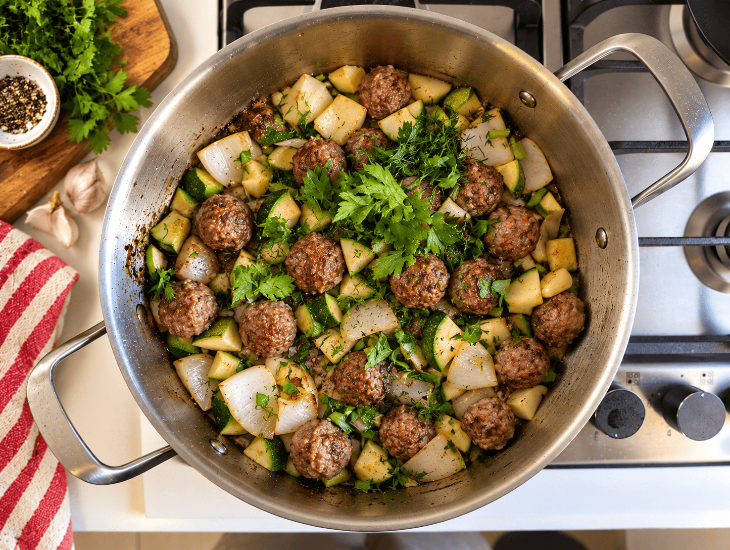 Meatballs, zucchini, onion and a pile of fresh chopped parsley and dill in a pan before water is added