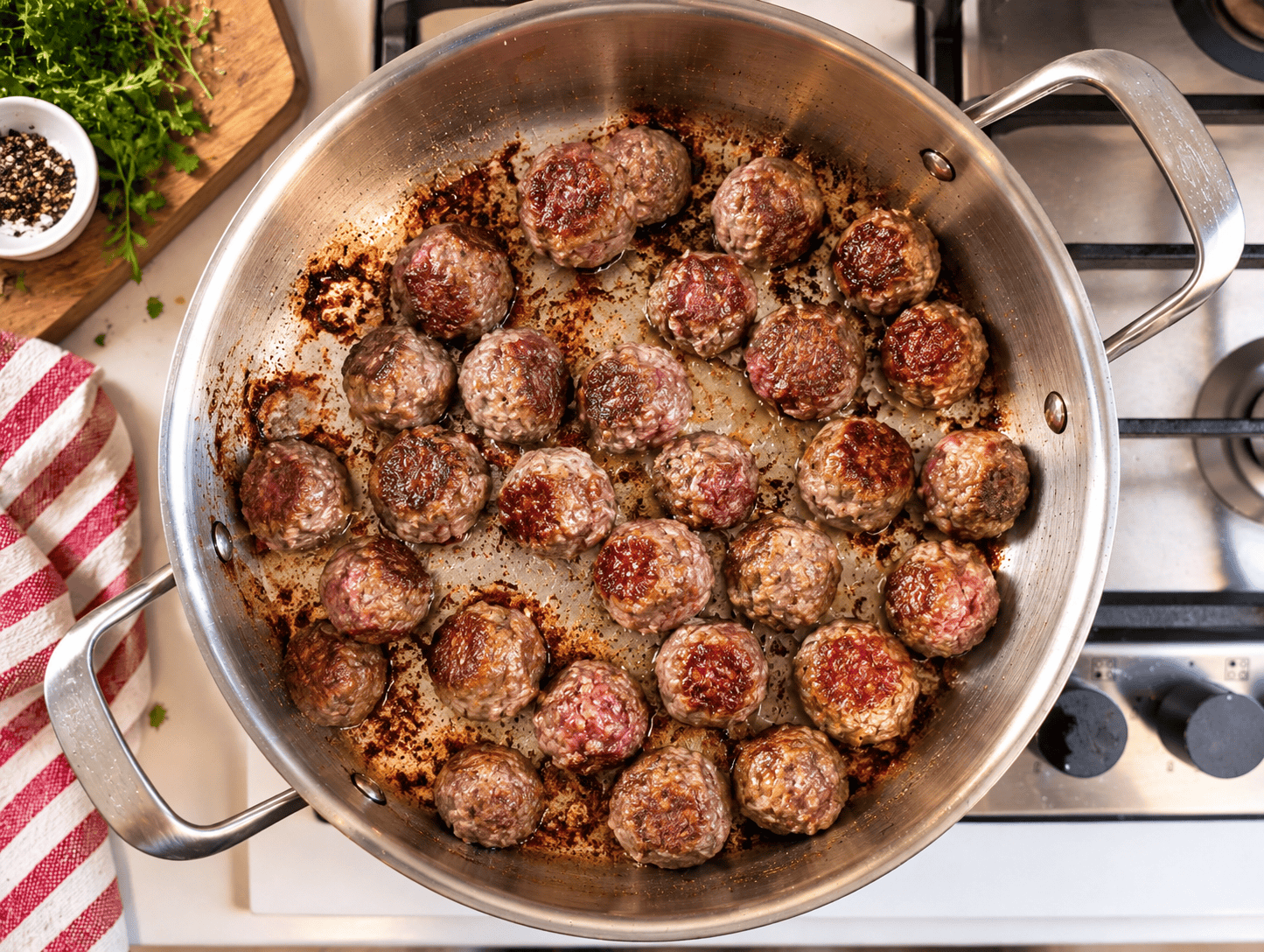Browned beef meatballs in a stainless steel pan with dark caramelized bits stuck to the bottom of the pan