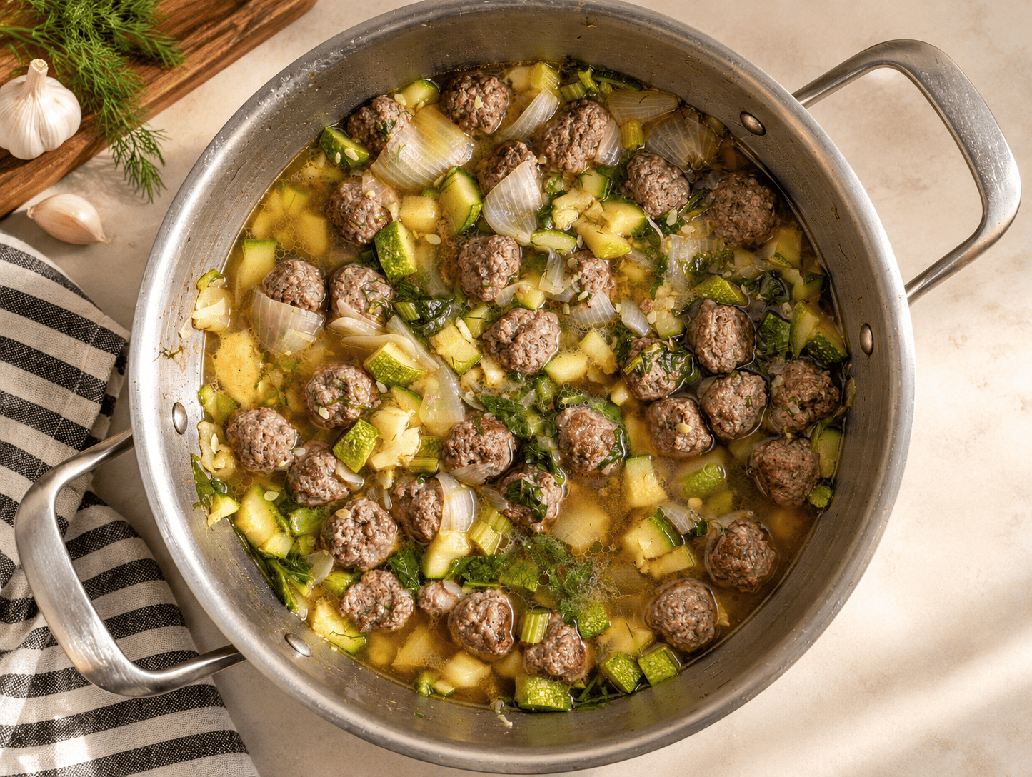 Overhead view of a pot of meatball zucchini soup with beef meatballs, diced zucchini and onion in a deep brown broth, garnished with fresh dill