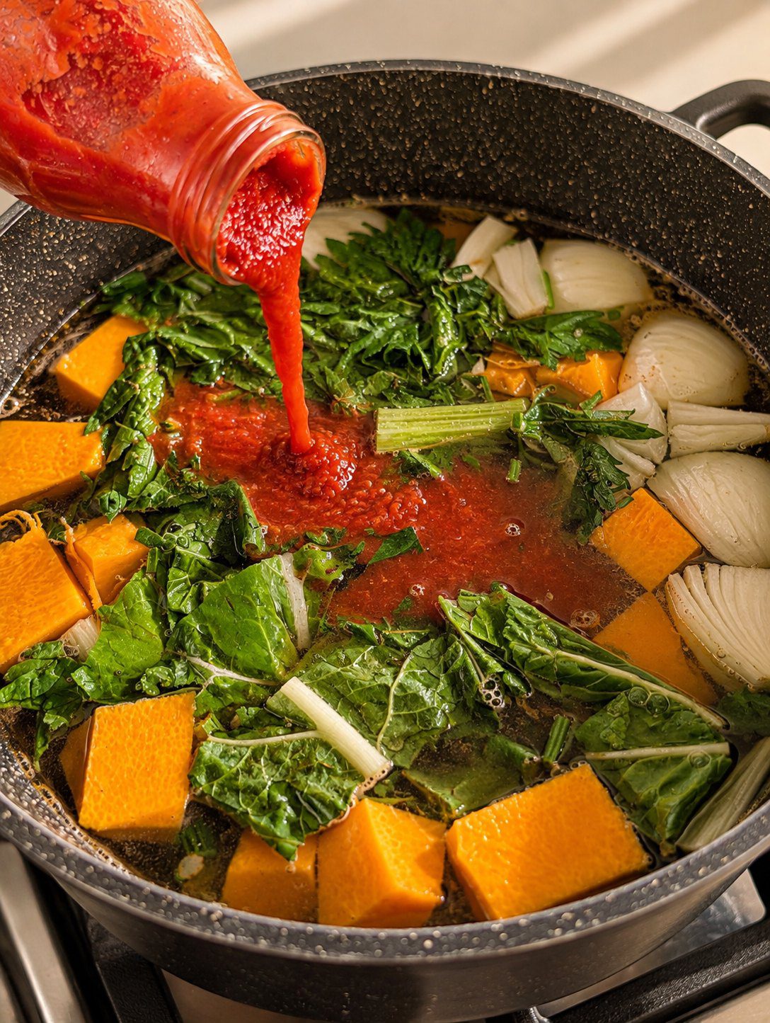 Crushed tomatoes being poured from a glass jar into a pot of pumpkin, onion and green leaves