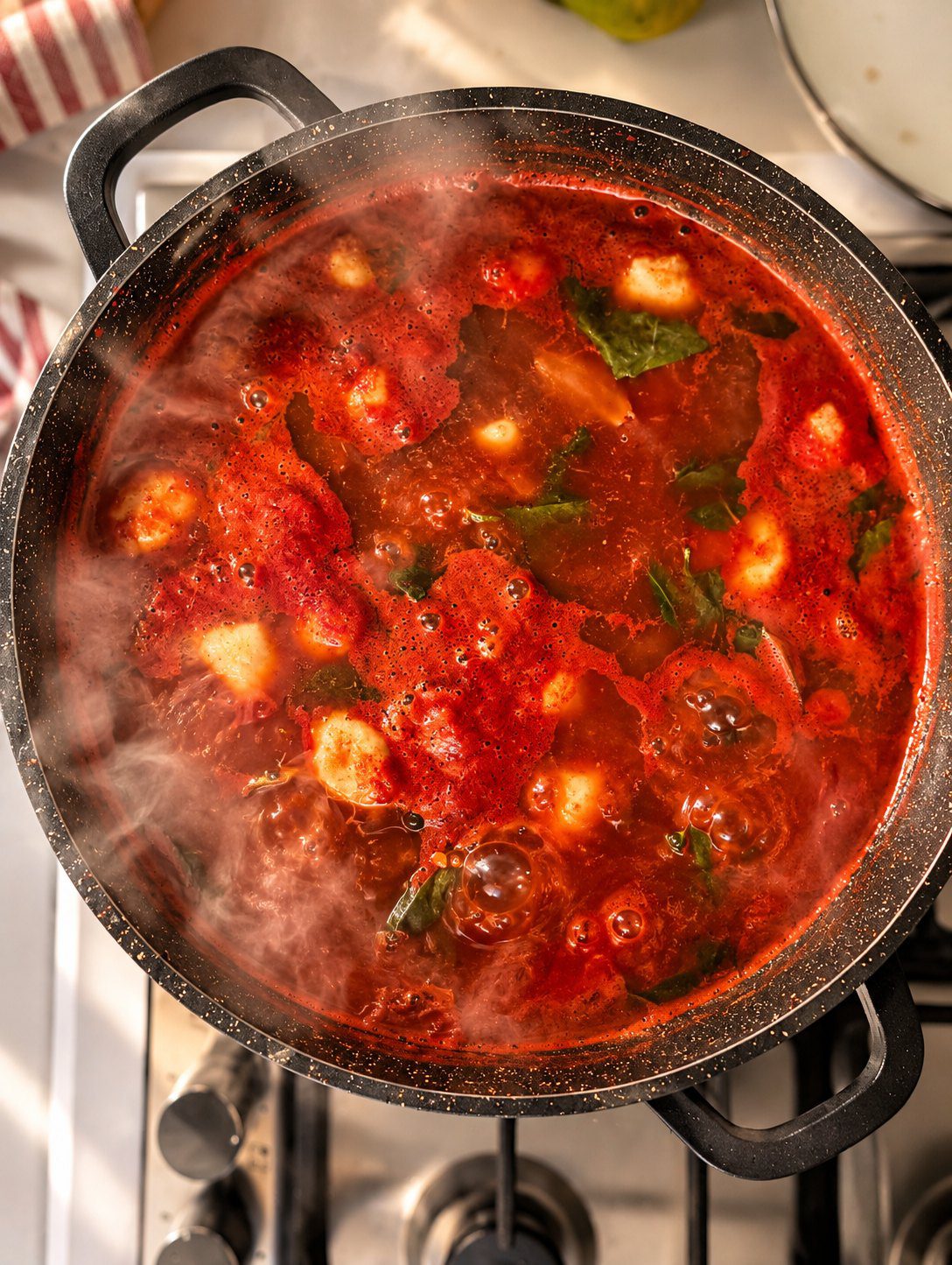 Overhead view of a pot of red kibbeh soup at a boil with pale dumplings and green leaves visible in the broth