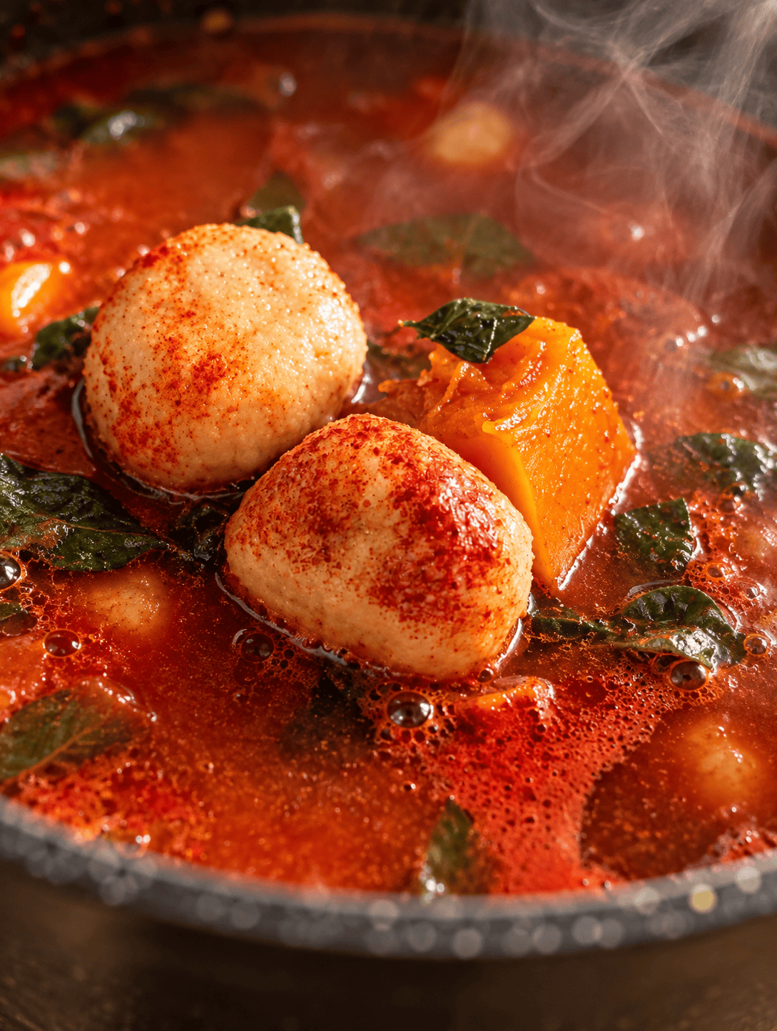 Close up of two kubbeh dumplings in red tomato broth next to a piece of pumpkin, with steam rising from the pot