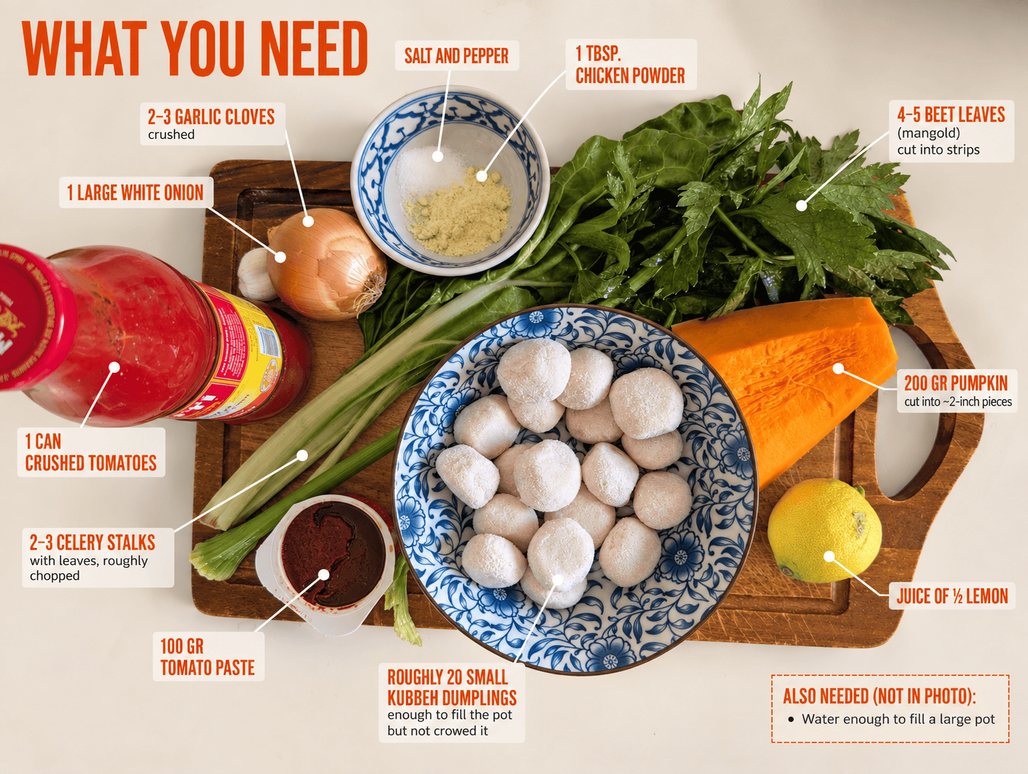 Ingredients for red kibbeh soup laid out on a wooden board: pumpkin, white onion, garlic, celery stalks, mangold leaves, a jar of crushed tomatoes, tomato paste, a lemon, chicken powder and a bowl of kubbeh dumplings