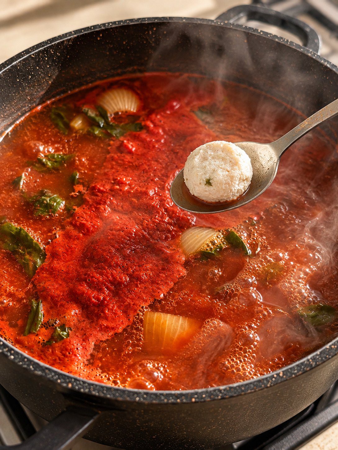 A metal spoon lifting one kubbeh dumpling out of a pot of simmering red soup