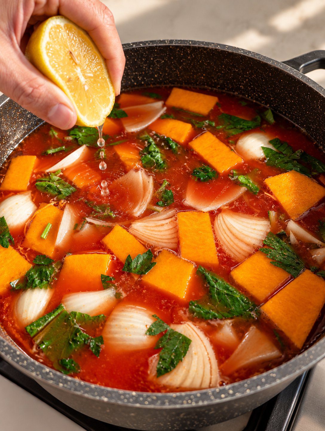 A hand squeezing half a lemon over a pot of red broth with pumpkin cubes, onion and chopped greens